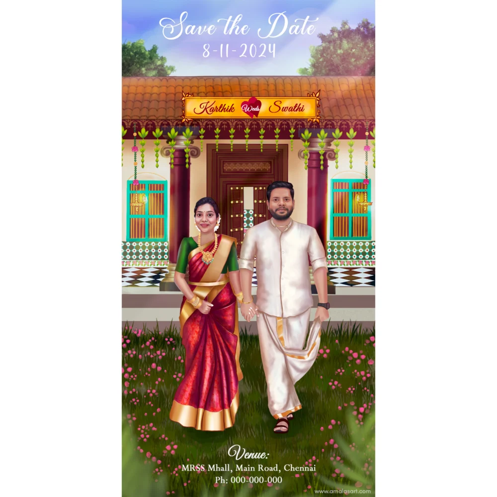 Karaikudi Wedding Couple Caricatures - Wedding Invitation Cards