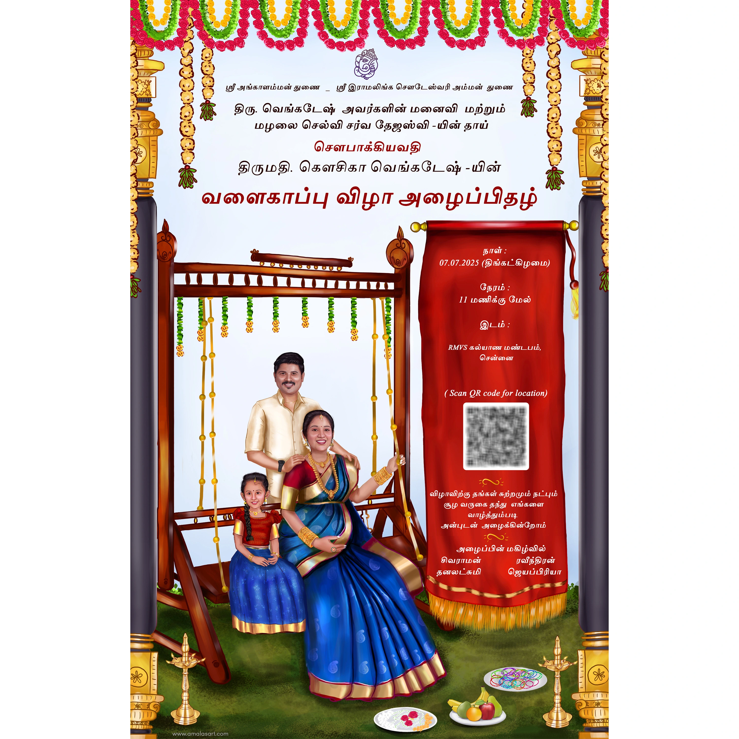 A Traditional Tamil Valaikappu Celebration Caricature Invitation